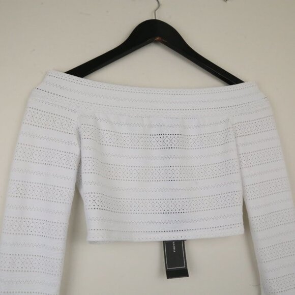 BCBGMAXAZRIA Bettie Eyelet Cropped Off the Shoulder White Top - Picture 6 of 7